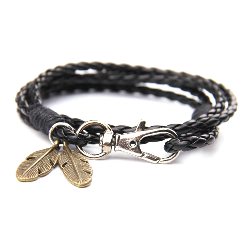 NIUYITID Black PU Leather Men Bracelet Silver Feather Accessories Fashion Jewelry Man Bracelet For Wristband Male Charm (11)