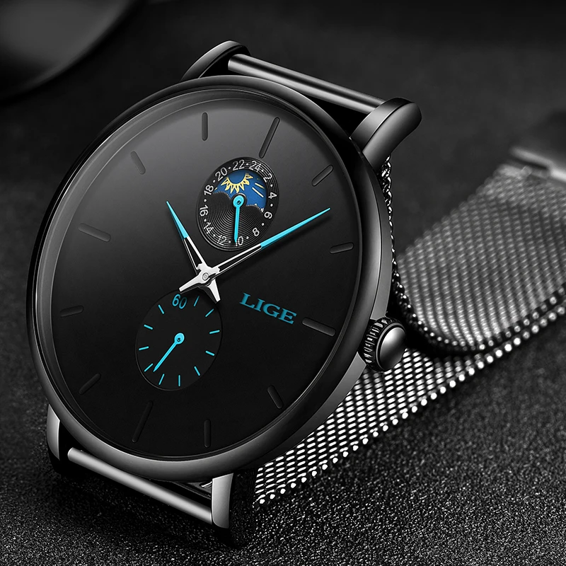 

NewLIGE Mens Watches Top Brand Luxury Casual Fashion Watch Men Simple Moon Phase Clock Waterproof Quartz Watch Relogio Masculino