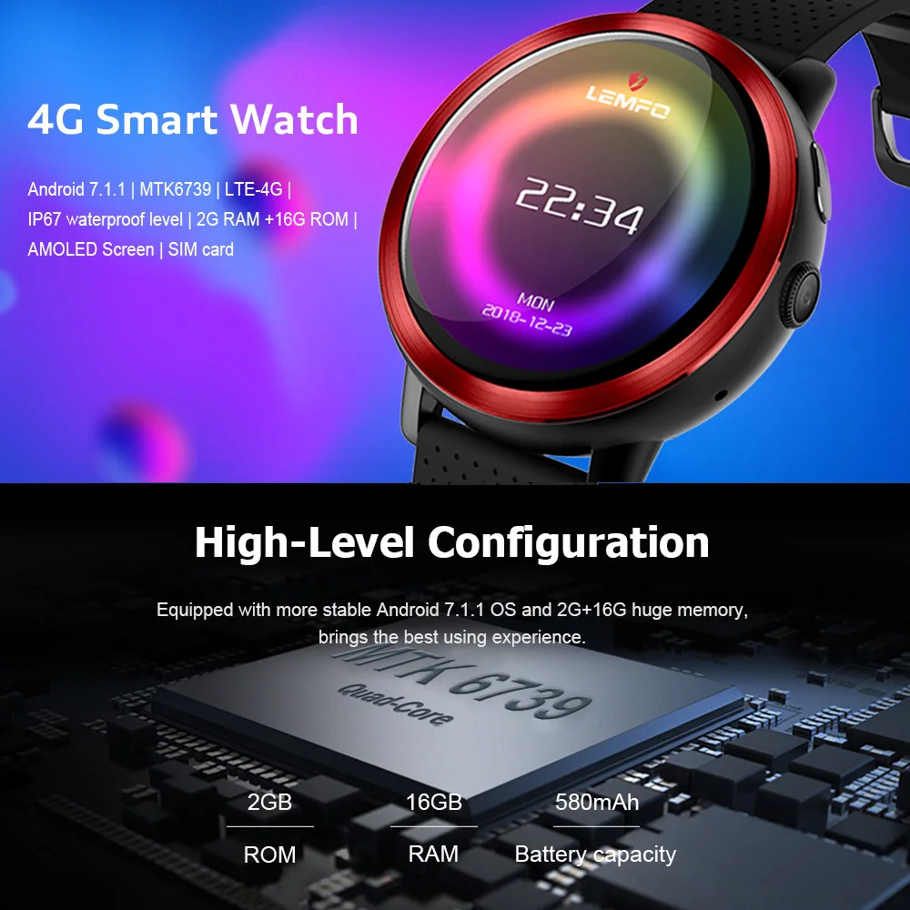 Leego LEM8 Smartwatch Android 7 1 LTE 4G Sim WI FI 39 дюйма 2MP Камера gps сердечного ритма IP67