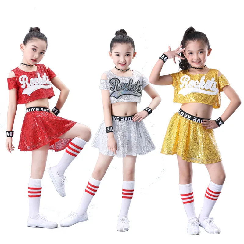 

Letter Kids Silver Gold Red Sequin Hip Hop Off Shoulder Crop Top Short Sleeve And Skirt Jazz Dance Costume For Girls Children