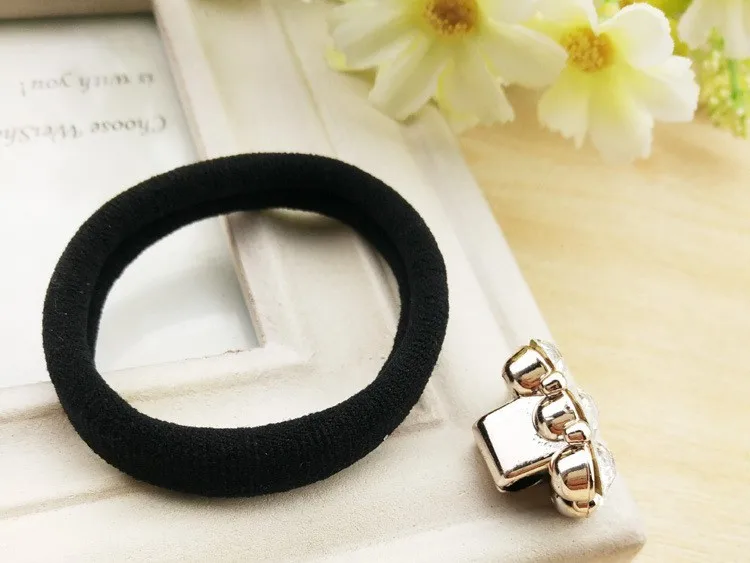 2pcs Rhinestones Flowers Gold Plated Black Elastic Ponytail Holders Hair Accessories For Girl Women Rubber Band Tie Gum