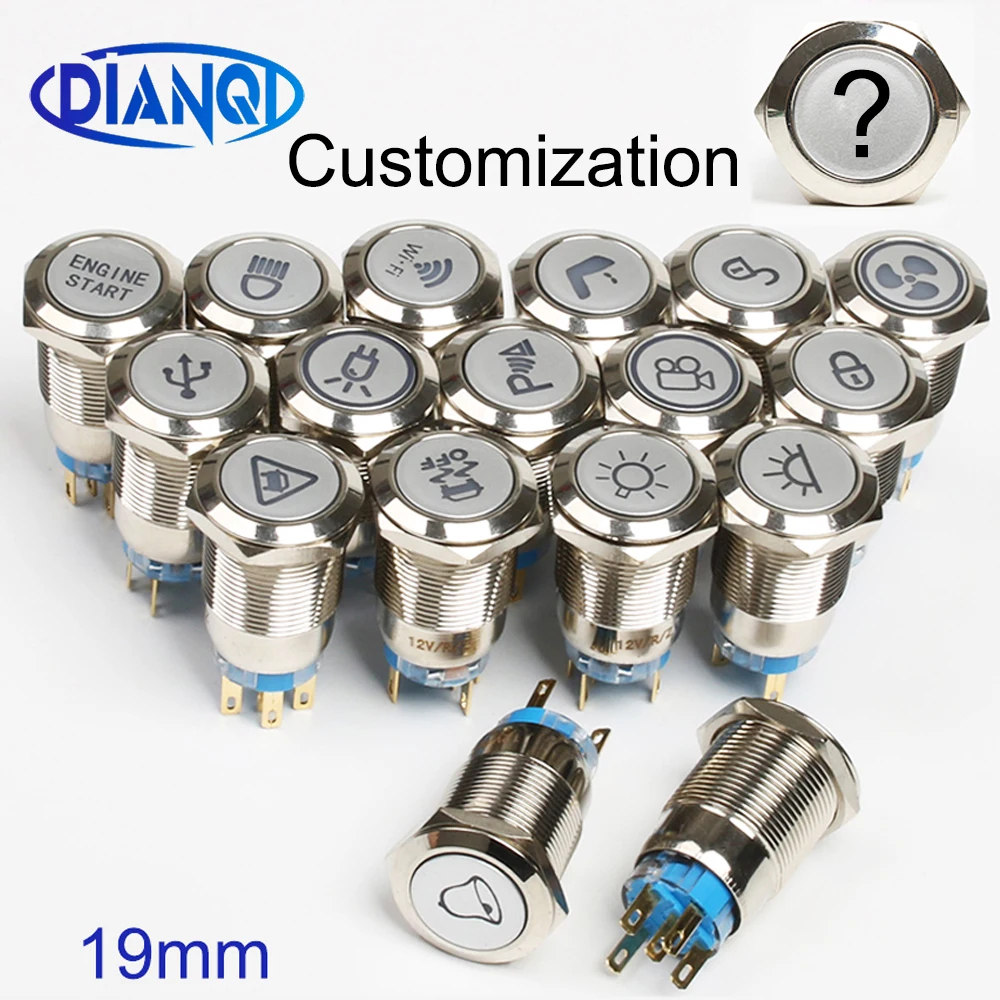 19mm Customization metal Brass rhodium plating push button switch ring lamp flat round Latching/Momentary fans light for car