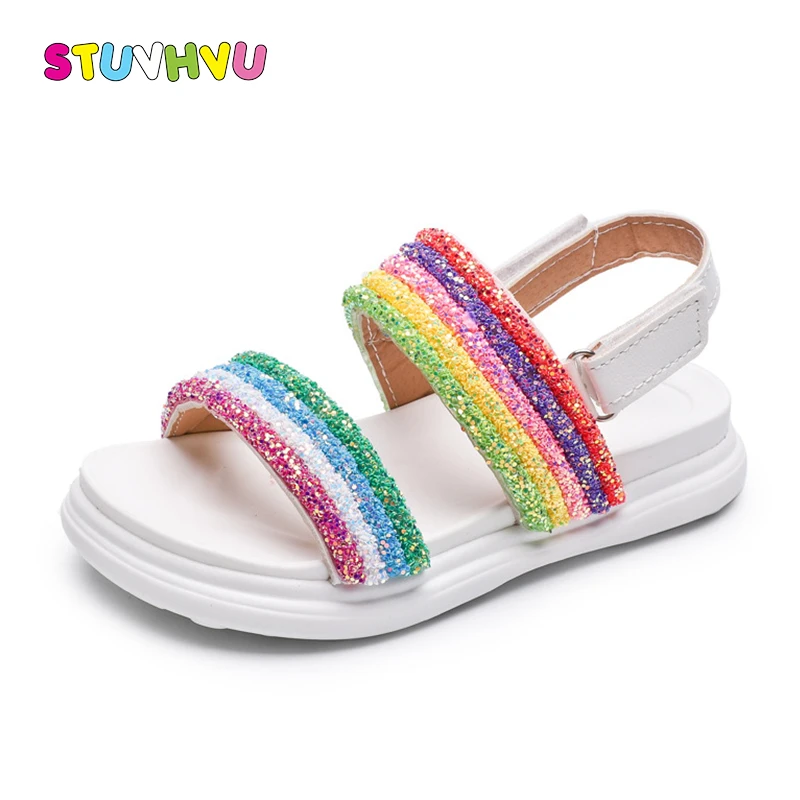 

2019 Children's Shoes for Girls Sandals Summer Fashion Rainbow Kids Beach Shoes Leather Girls Shoes White Pink Casual Sandals