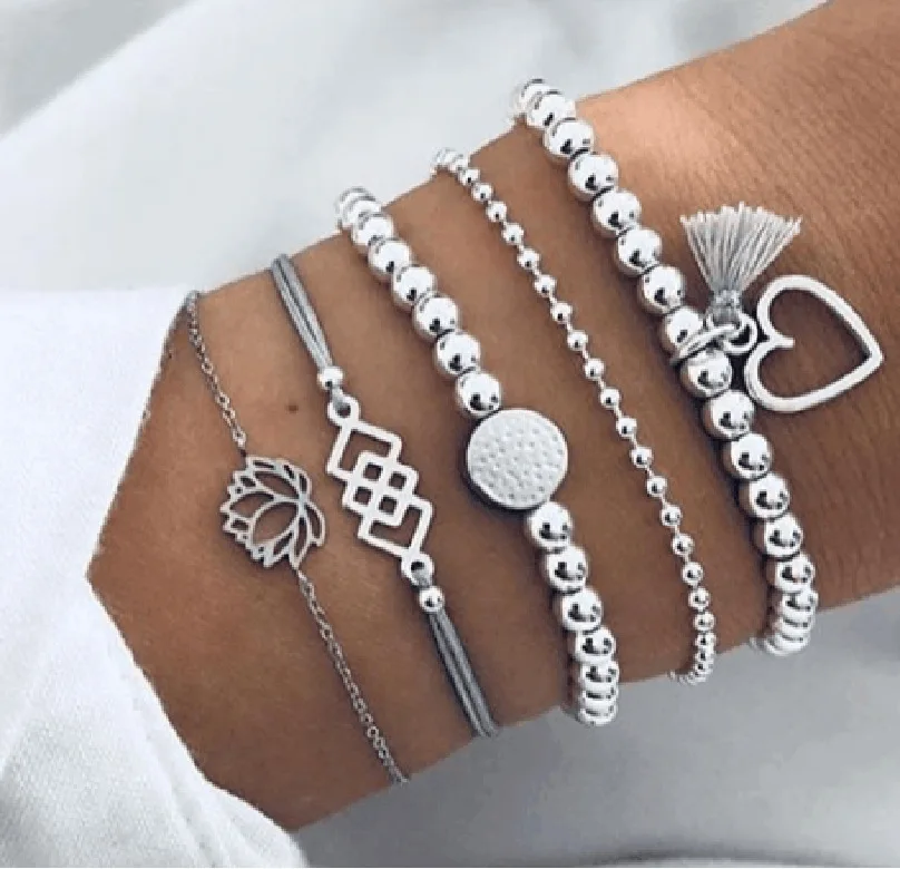 

5Pcs/set Boho Lotus Heart Metal beads Celtic knot Multi-layer Bangle Bracelets Set fashion layered bangle Bracelet for women
