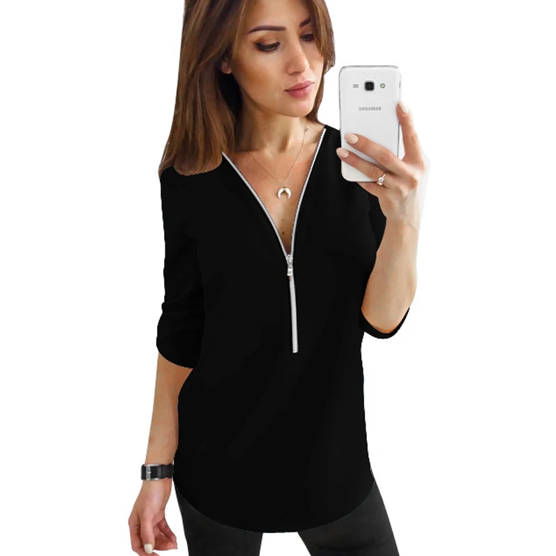 Jocoo Jolee Women Zipper Short Sleeve Shirts Womens Tops And Blouses Sexy V Neck Tee Shirts Casual Tops Female Tunic Plus Size