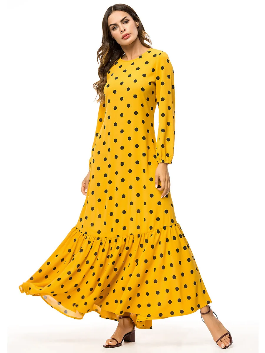 

Casual Polka Dot Print Maxi Dress Women Long Sleeves Patchwork Yellow Long Dress Ladies Spring Summer Pleated Beach Dresses