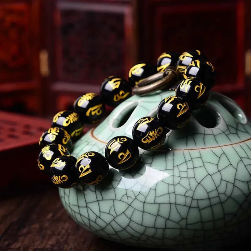 

Black Agate 6 Words Bracelet Black Stone 8-16 mm Beaded Bangle Bracelets Dropship DIY Jewelry