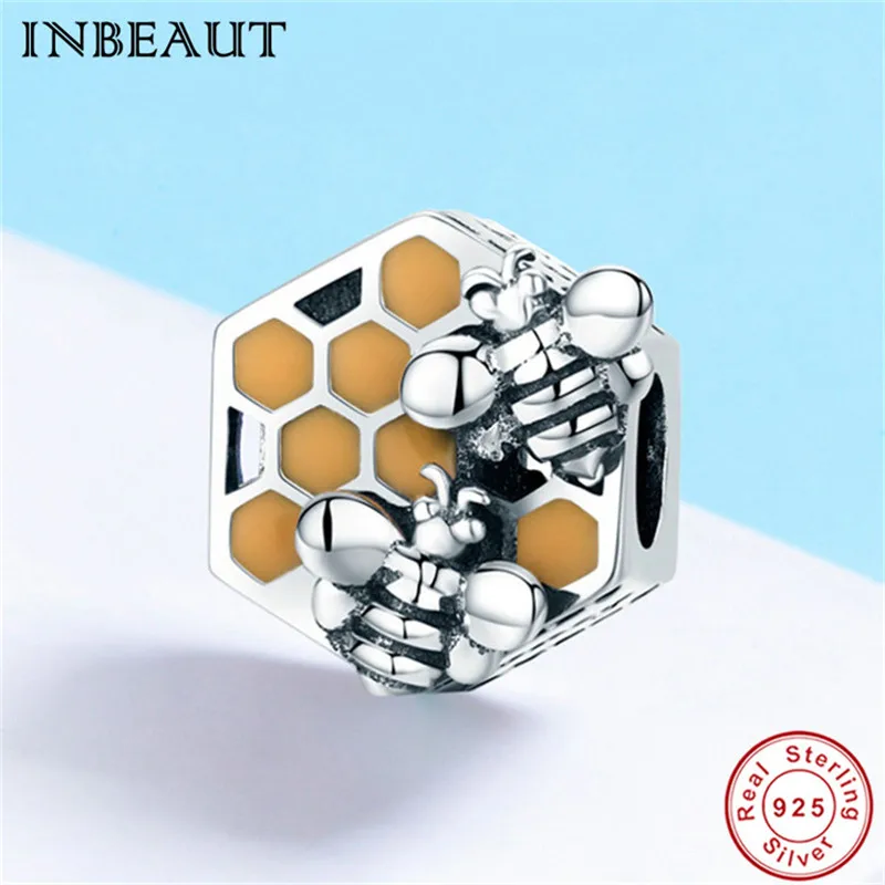 

fit Pandora Bracelet S925 Lovely Honeybee Charm 925 Sterling Silver Bee Collecting Honey Brown Enamel Beads for Women Bangles