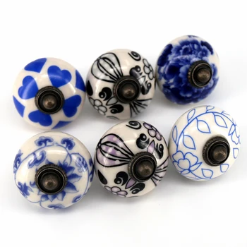 

6PCS Blue Black Ceramic Cabinet Knobs Furniture Door Knobs, Various Designs Porcelain Drawer Pulls, Kitchen Cupboard Handles