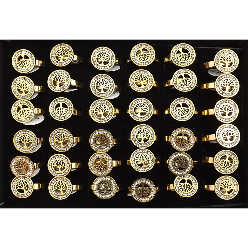 

Fashion Crystals Surround Tree Surface Gold Color Stainless steel Rings 36pcs/lot