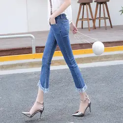 2019 новые корейские женские джинсы модные тонкие сексуальные стрейч брюки женские кисточки hairline расклешенные брюки