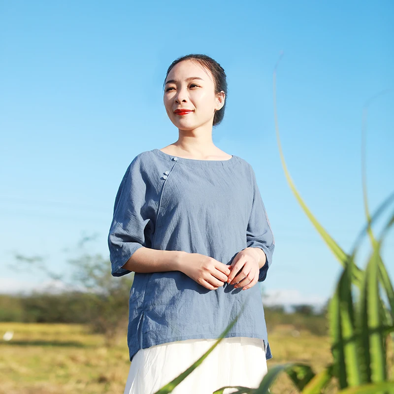 LZJN  Women Shirts Chinese Style 2019 Summer New Casual Blouses Beaded Half Sleeve Loose Cotton Linen Tops (6)