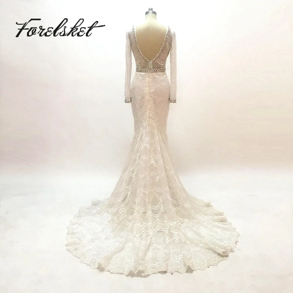 Backless V Neck White Mermaid Wedding Dresses 2020 Illusion Luxury Crystals Beading Embroidery Lace Bridal Gowns Long Sleeves