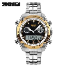 SKMEI 1204 Men Fashion Digital Dual Time Display Sports Watches Big Dial EL Light Alarm Clock Stainless Steel Strap Waterproof