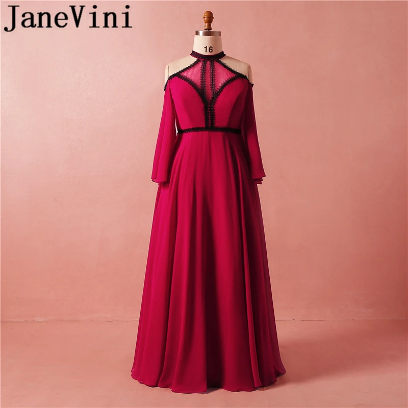 JaneVini Vintage Moeder van de Bruid Jurken A-lijn Pleats Hoge Hals Chiffon Lange Mouwen Kant Avondjurken Voor Bruiloften 2018 JaneVini Vintage Moeder van de Bruid Jurken A-lijn Pleats Hoge Hals Chiffon Lange Mouwen Kant Avondjurken Voor Bruiloften 2018
