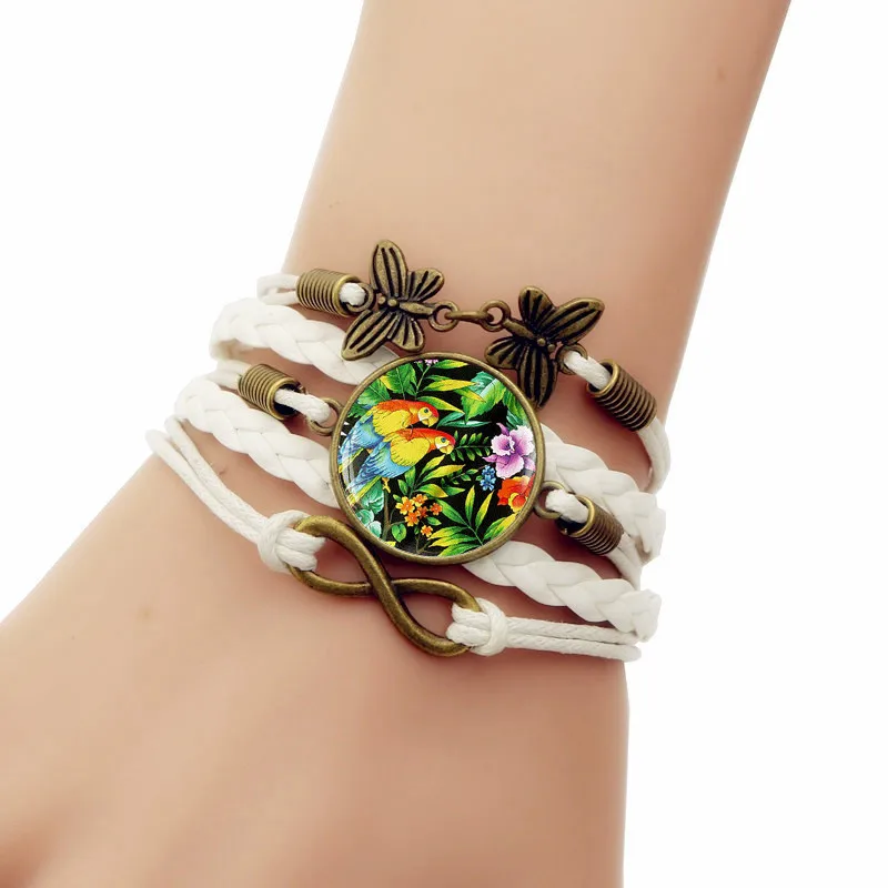 

Multilayer Handmade Leathers Braided Bracelet Tropical Parrot Glass Cabochon Bracelet Female Fashion Accessories gift