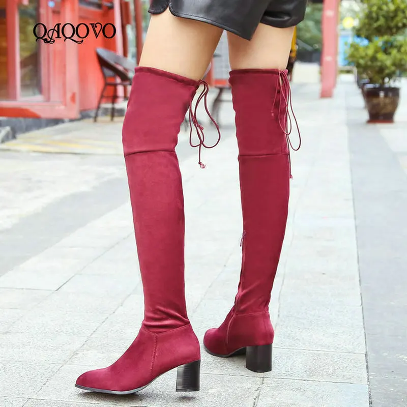 

Women Stretch Boots Over the Knee Boots Square High Heels Thigh Boots Zipper Boots Winter Fashion Ladies Shoes Big Size 43