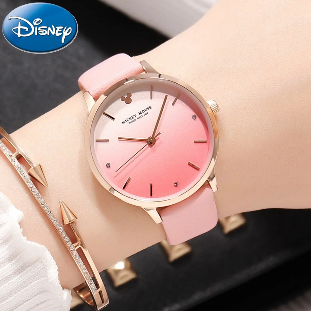 

Original Disney Women's Color Gradient Design Leather Strap Quartz Water Resistant Watch Girls Gold Case Pink Band Buckle Clocks