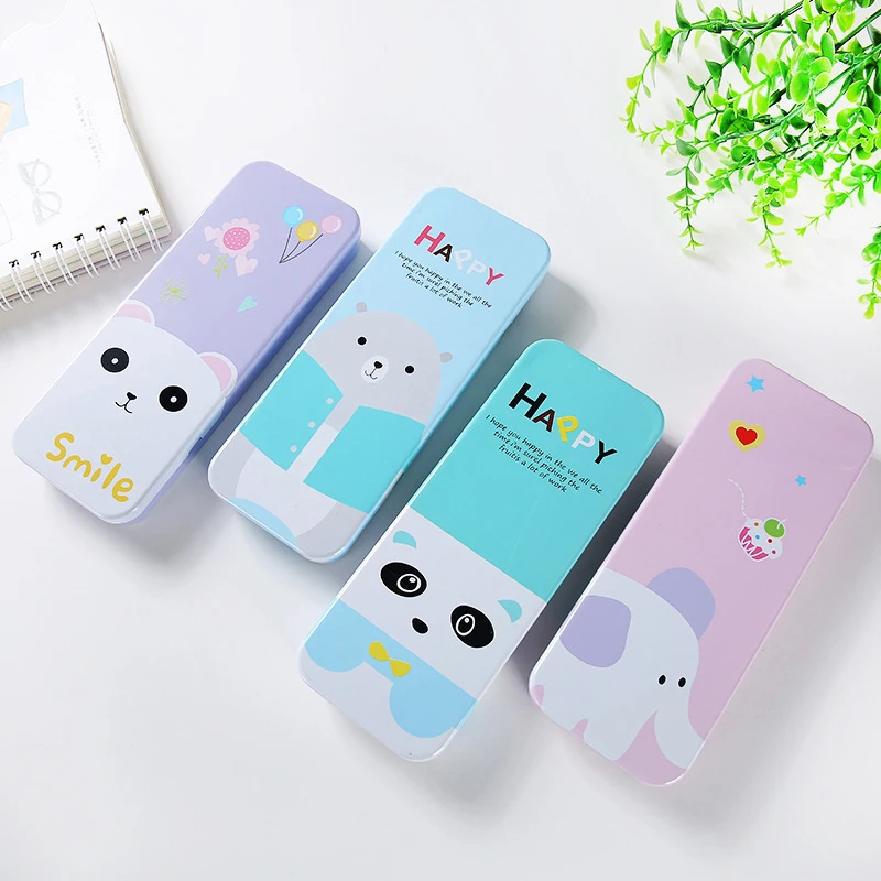 

1pc Color Random High-capacity Simple Two Layer Cartoon Bear Metal Plastic Pencil Case Pen Box Stationary Storage School Supply