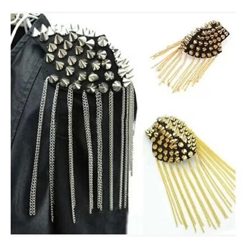 

Hot Gothic Punk Rivets Cool Brooch Board Mark Gold Metal Spike Tassel Epaulet Shoulder Unisex Women Men Costume Jewelry 2019