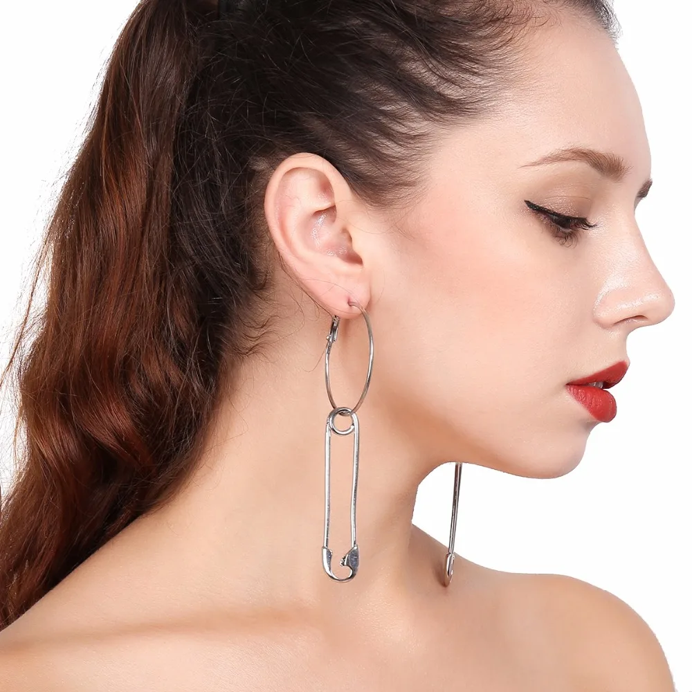 

New Punk Exaggerated Safety Pin Clip Geometry Big Earrings Geometric Metal Hollow Round Pin Dangle Earrings For Ladies Jewelry