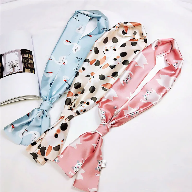 

New Cartoon Animal Women Casual Slik Scarfs Small Female Skinny Scarves Spring Summer Headscarf Hair Tie Band Scarf