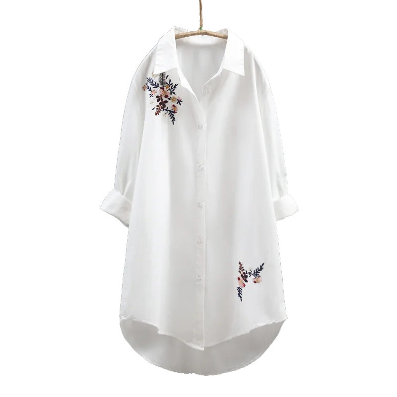 

2019 autumn winter new women long white shirts office lady flower embroidery loose elegant blouse outwear tops