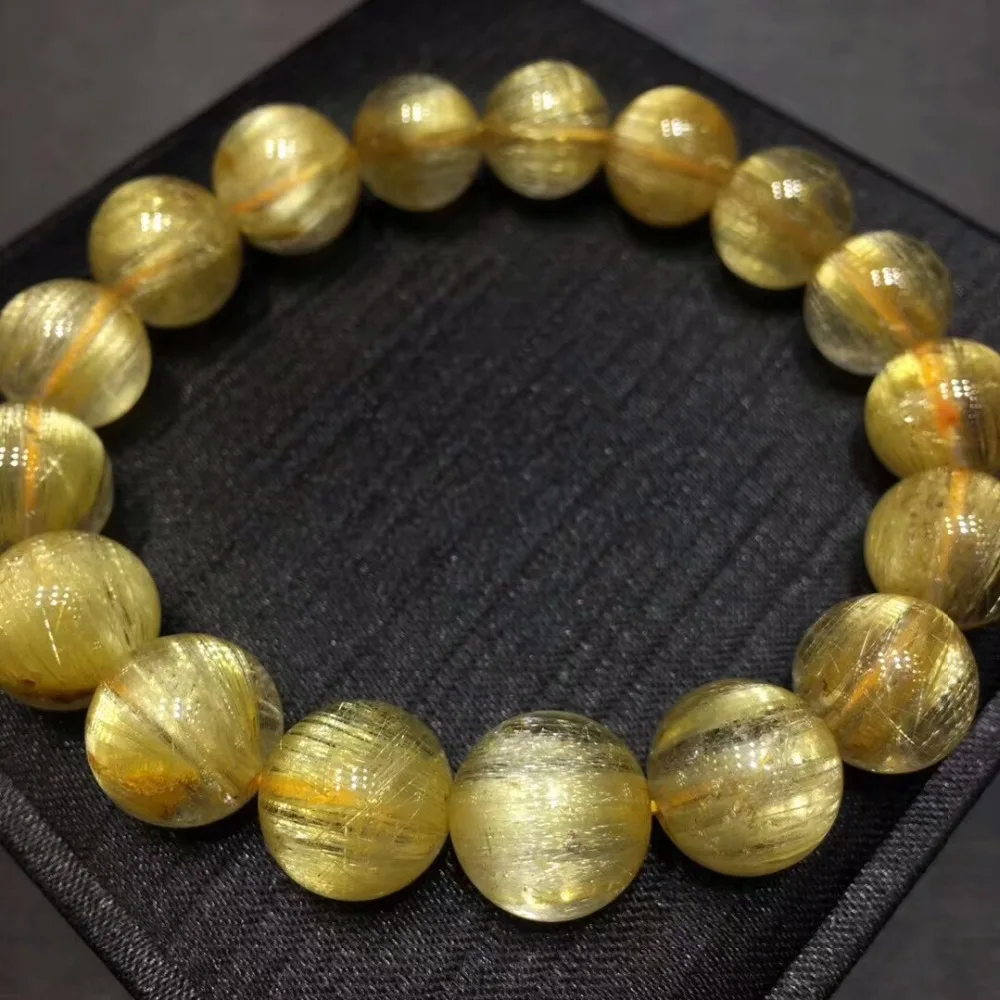 

100% Natural Gold Rutilated Titanium Bracelet Quartz 12mm Round Beads From Brazil Women Men Stretch Crystal Certificate AAAAAA