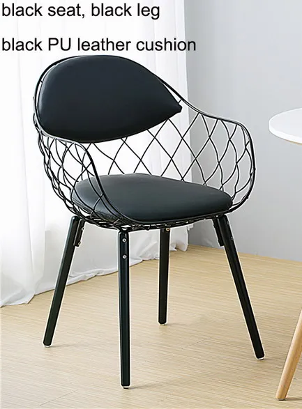 Популярный современный дизайн стул из металлической проволоки с твердой деревянной ногой база Лофт металлическая домашняя мебель из стали модный обеденный стул 1 шт - Цвет: FULL BLACK PU PAD