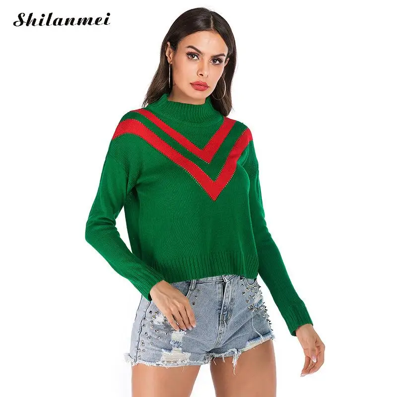 

Long Sleeve Patchwork Green Xmas Pullovers Streetwear Winter Autumn Harajuku Women Sweater Casual Loose Knitted Jumpers 2019