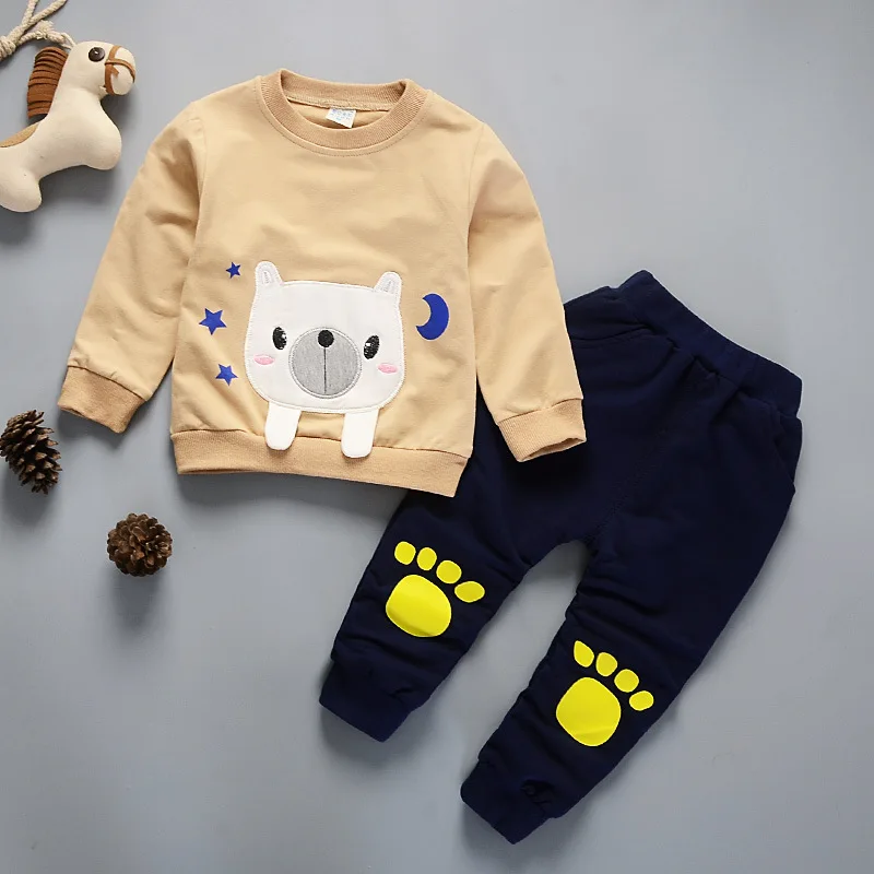 1 2 3 4 Year Boys Clothes Girls Clothing Set Long Sleeve Cartoon Shirt Pants Kids Spring Autumn Suits Casual Children Costume - Цвет: Khaki