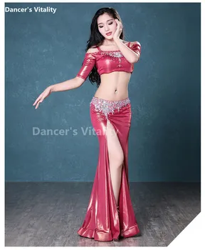 

Professional ice Silk And Stones Belly Dance Set Senior Top And skirt 2pcs Belly Dance Suit Sexy Belly Dance Competition Set