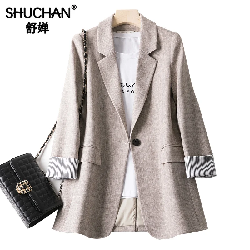 Shuchan Women Blazers Feminino Long Jackets Women Notched Single Button Solid Bleizer Mujer 2019 Office Lady jacket women autumn