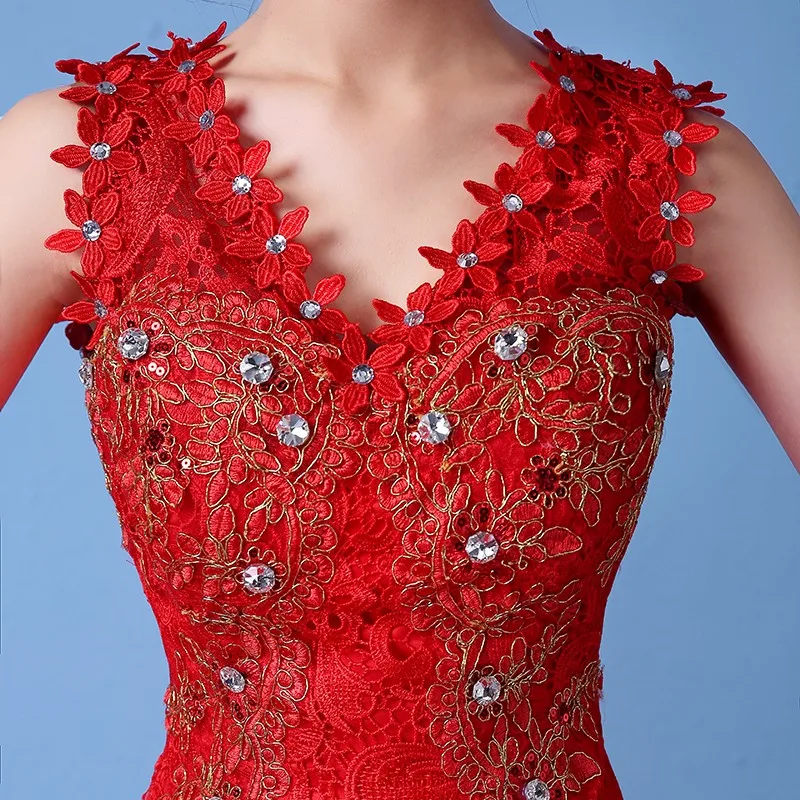 New Design V Neck Lace Wedding Dress Red Color Cheap Tulle Big Bridal Ball Gown Pregnant 3