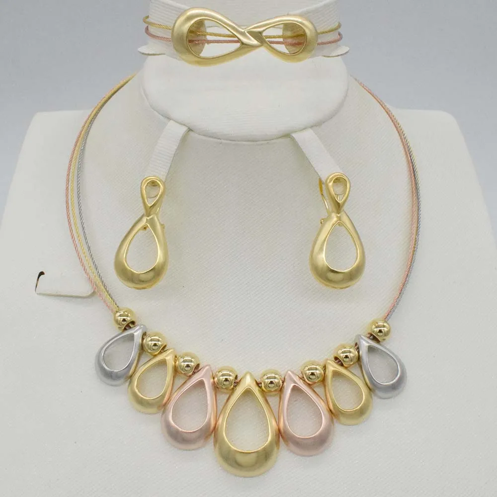 

High Quality Silver Rose Gold Three Tone dubai gold Jewellery sets for women Fashion necklace Earrings Bracelet Set african bead