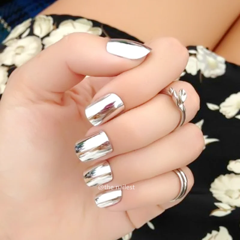 

24 tips Silver Reflective Mirror False Nails Metal Plating Acrylic Nail Tips Metallic Squoval Fake Nails Without Nail Glue