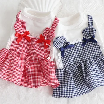 

Grid Bow Cat Pet Dog Clothes Summer Cat Dress Vest Bow Dog Tutu Dress Pet Dress Clothing Chihuahua Teddy XS-XL