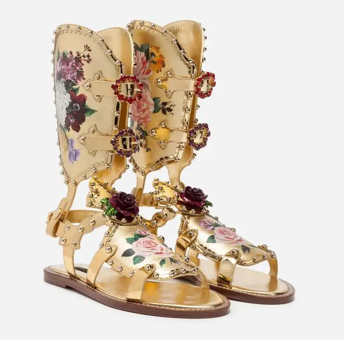 

Moraima Snc Pre-order Gold Leather Flower Printed Flat Sandal Woman Sexy open Toe Cutouts Gladiator Sandal Boots Summer Shoes