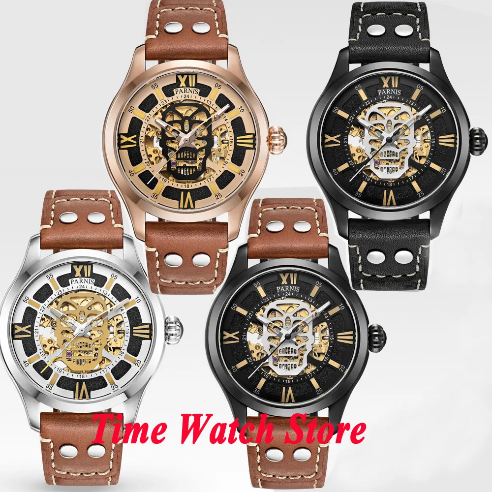 Parnis 45mm skeleton dial Dual time zone sapphire glass MIYOTA Automatic movement Men's watch wristwatch 579