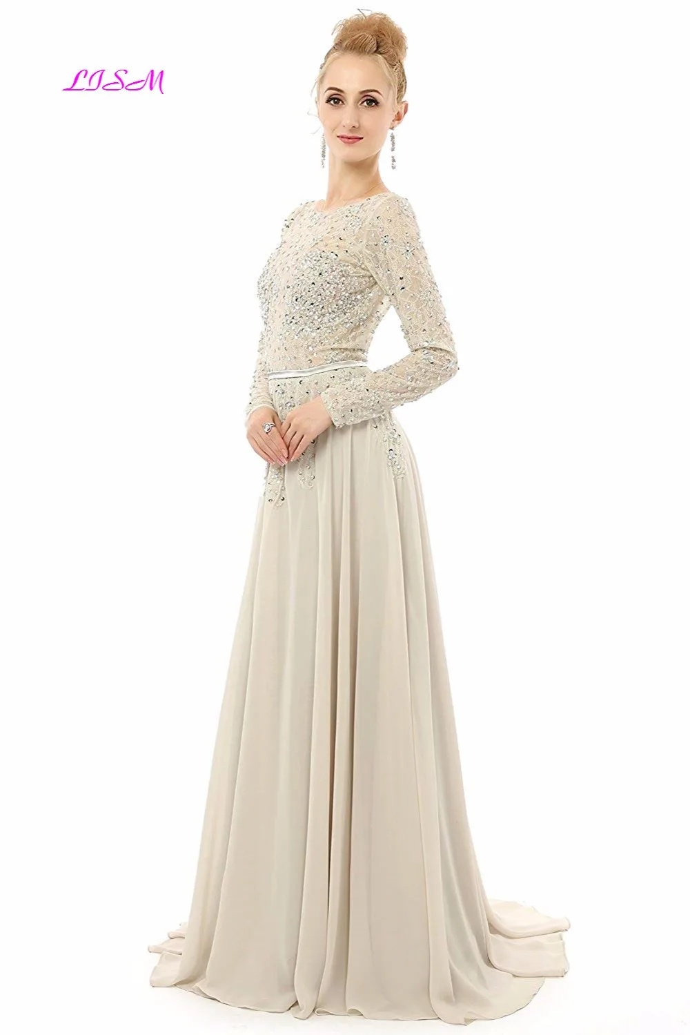 Chiffon Long Sleeve Evening Dress Lace Appliques Beaded Women Formal Party Gowns Sexy Backless Elegant Vestidos Prom 2019 Chiffon Long Sleeve Evening Dress Lace Appliques Beaded Women Formal Party Gowns Sexy Backless Elegant Vestidos Prom 2019