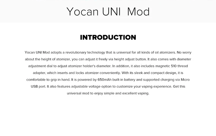 YOCAN UNI Mod 650 мАч подходит для всех бак КБР комплект встроенный аккумулятор режим подогрева с регулируемой высотой электронная сигарета пара