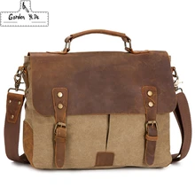 Vintage Bandoulière Sac Militaire Toile + Véritable sacs à bandoulière En Cuir Hommes messager sac hommes en cuir Sac À Main fourre-tout Porte-Documents