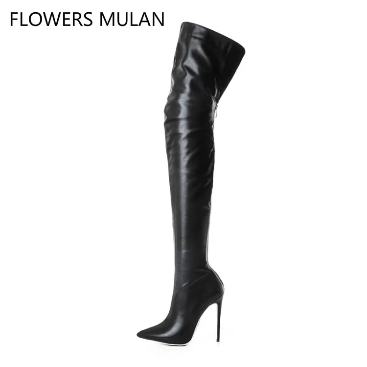

Latest Design Fashion Sexy Pointed Toe Black Genuine Leather Boots Shoes Woman Super High Thin Heel Concise All Match Footwear