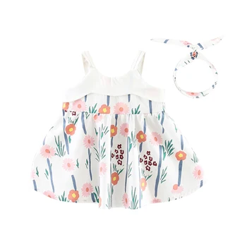 

Newly Summer Baby Girls Dress Sets Kids Floral Pattern Dresses Casual Short Sleeve Tutu Sundress with Headband Baby Clothes