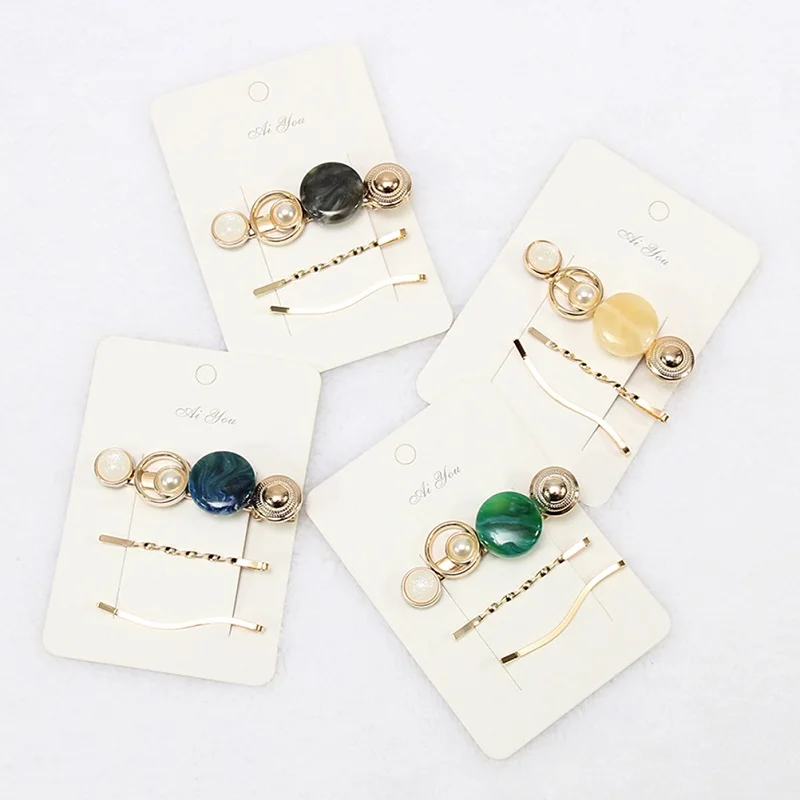 

M MISM 3PCS/Lot Ins Retro Pearl Hair Clips For Women Girls Green Black Orange Hair Accessories Acetate Barrettes Bend Clips