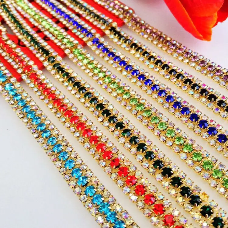 

New!! 3 rows 1yard Gold bottom rhinestones chain,Sewing style diy clothing accessories Free shipping