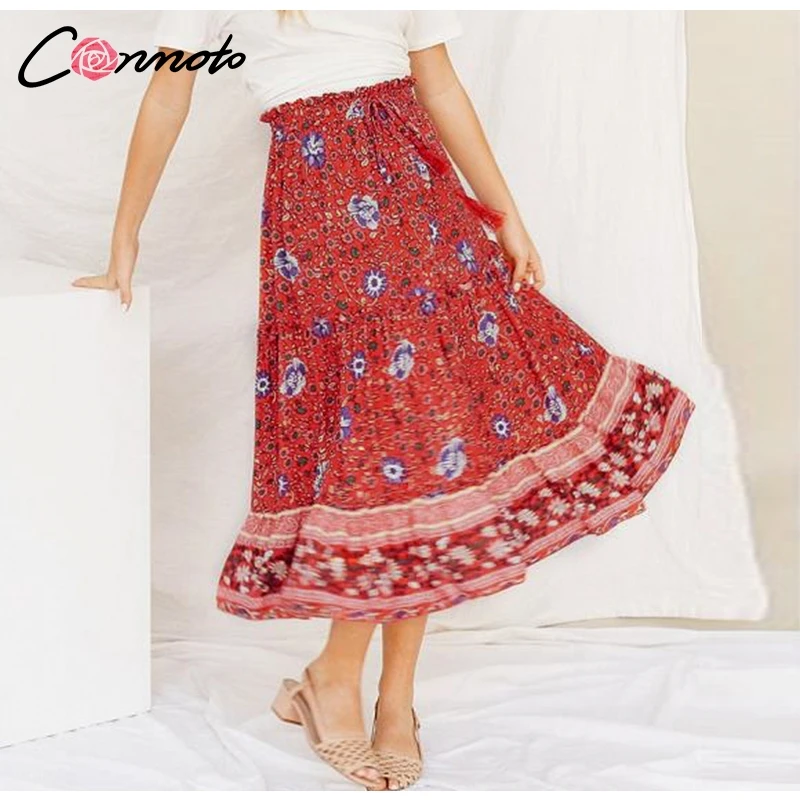 Conmoto оборками кисточкой Цветочный для женщин юбки для Высокая талия Повседневная юбка средней длины свободные богемные 2019