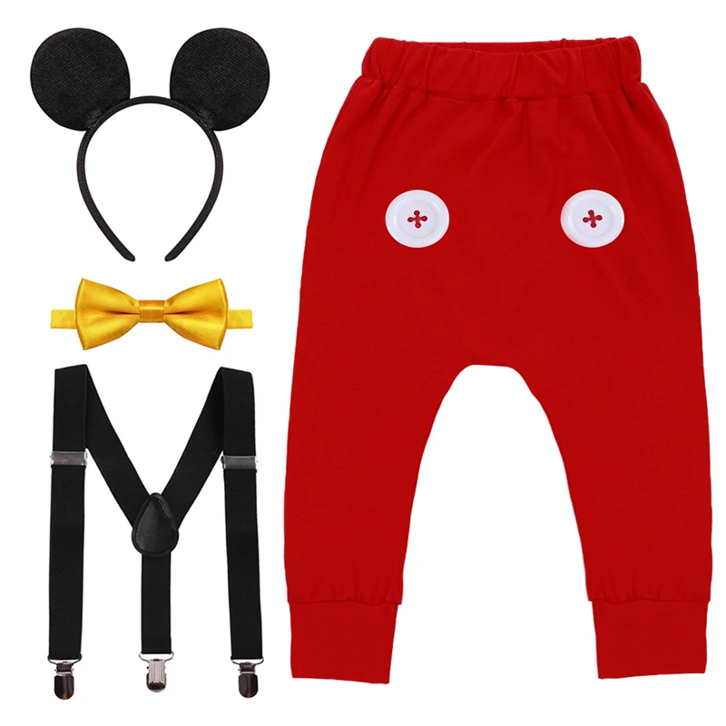 

Cake Smash Outfit for Baby Cute Minnie Mouse Cosplay Costume Boys Suspenders Pants 4pcs Set Baby Clothes Photography Outfit