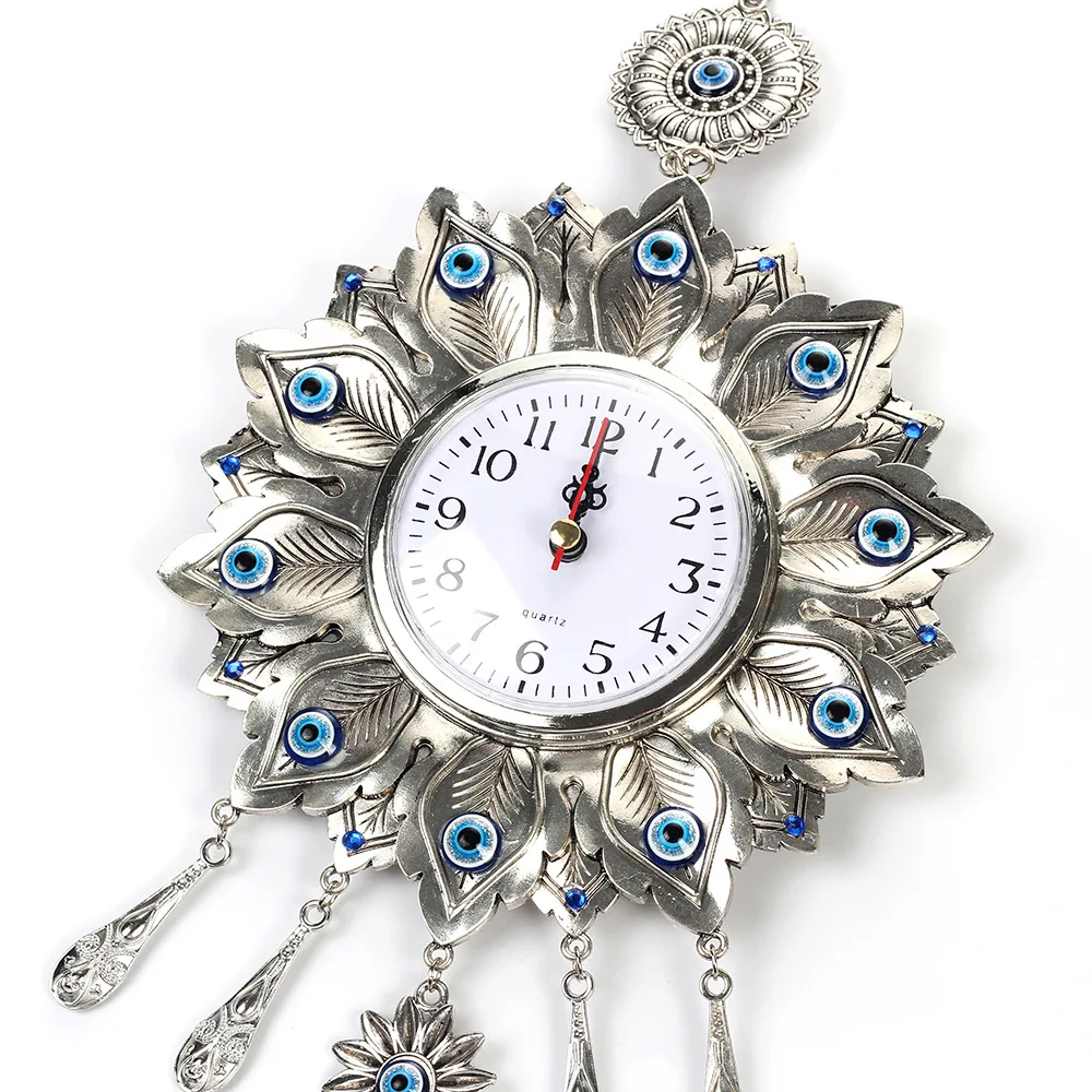 35 cm Turkish Nazar Glass Evil Eye Wall Clock Hanging Charm &Home Decor Peacock Tail Decoration