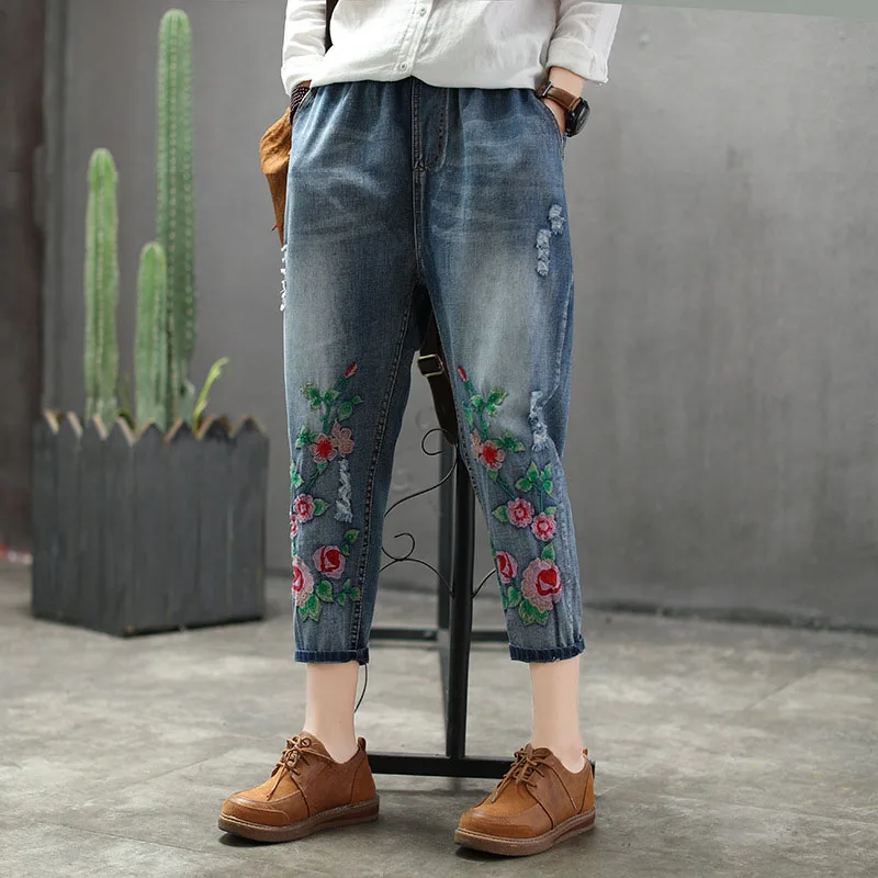 QPFJQD Ретро женские рваные джинсы с цветочной вышивкой и дырками, свободные шаровары с эластичной резинкой на талии на шнуровке, джинсовые джинсы с завязками, Vaqueros Mujer